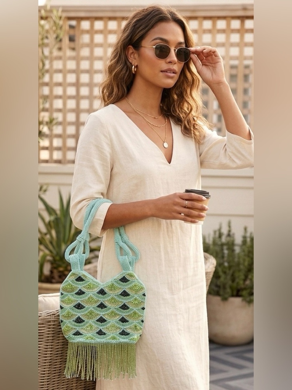 NWT Lulus Beaded Fan Pattern Shoulder Mini Bag Seafoam Green Fringe 9”x7”x3”